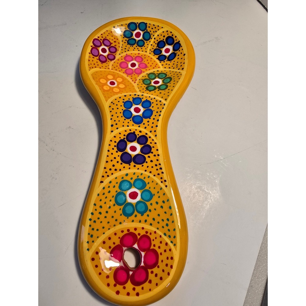 Hand Painted Ceramic Spoon Rest Yellow Floral Dot Art Terracotta Glossy Glaze - Picture 2 of 6
